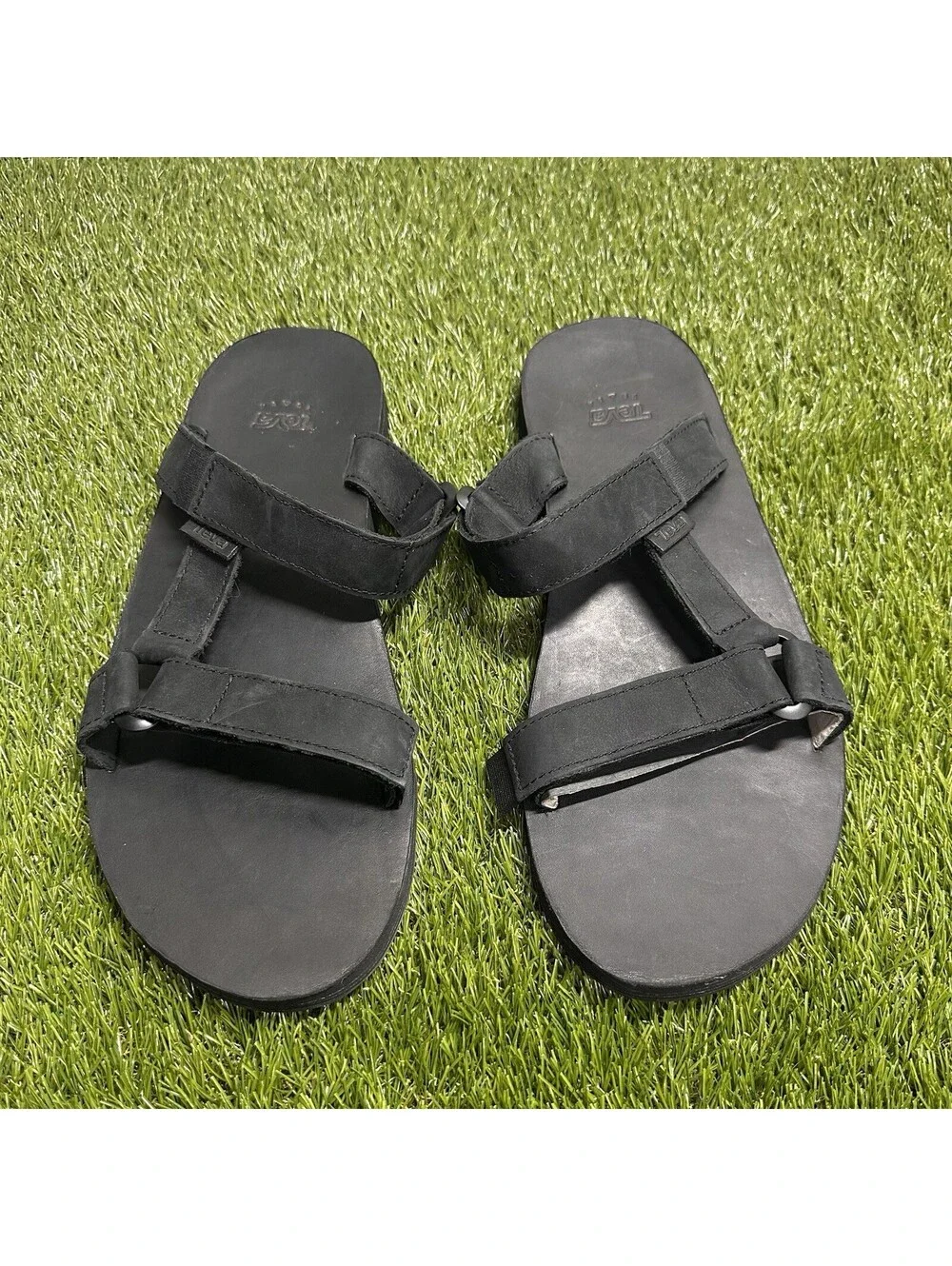Teva Mens Universal Slide Sandals Black Leather Adjustable Strap Size 12 NWOB